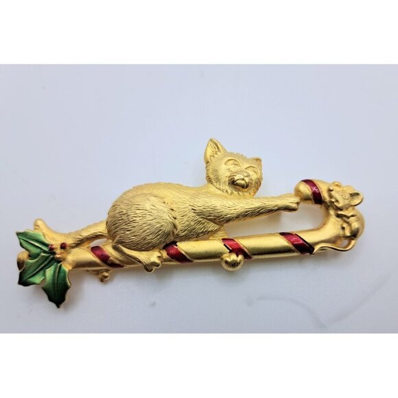 Vintage Women's Cat & Mouse Over Christmas Candy Cane Brooch Pin Gold Tone Red - Picture 1 of 4